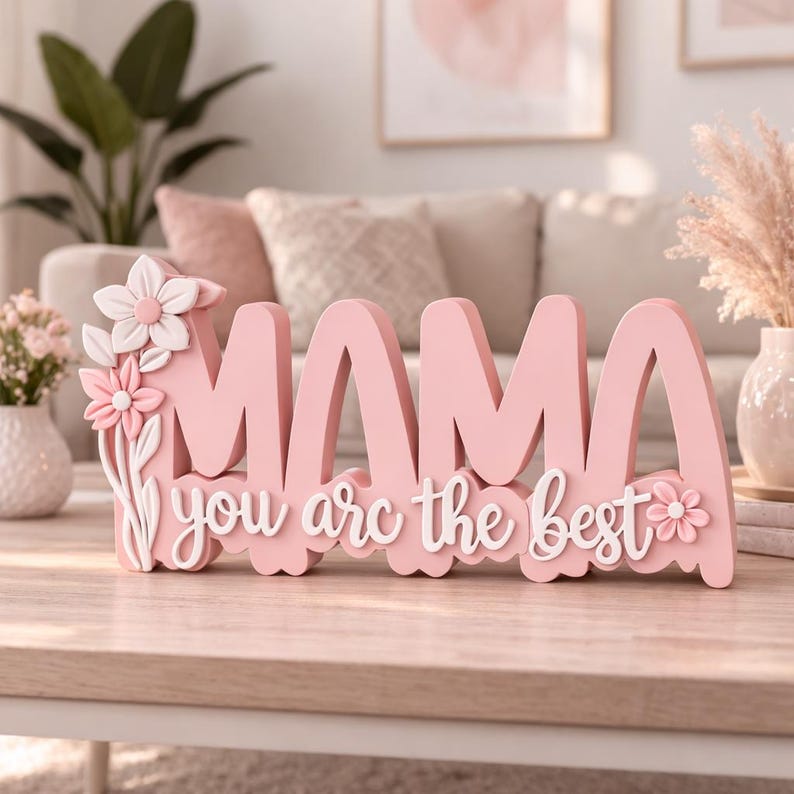 May include: Pink wooden sign with the word "MAMA" in large letters, with the phrase "you are the best" in white script. The sign is decorated with white and pink flowers.