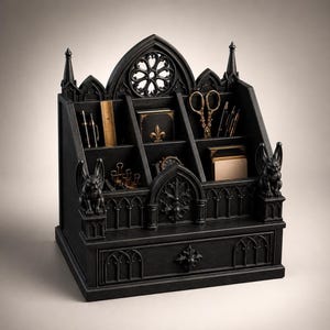 Könnte beinhalten: Ein schwarzer Schreibtisch-Organizer im gotischen Architekturdesign mit Spitzbögen, einem Fensterrosen-Motiv und zwei Wasserspeier-Figuren an den vorderen Ecken. Das Gerät enthält mehrere offene Fächer für Schreibwaren und eine untere Schublade.