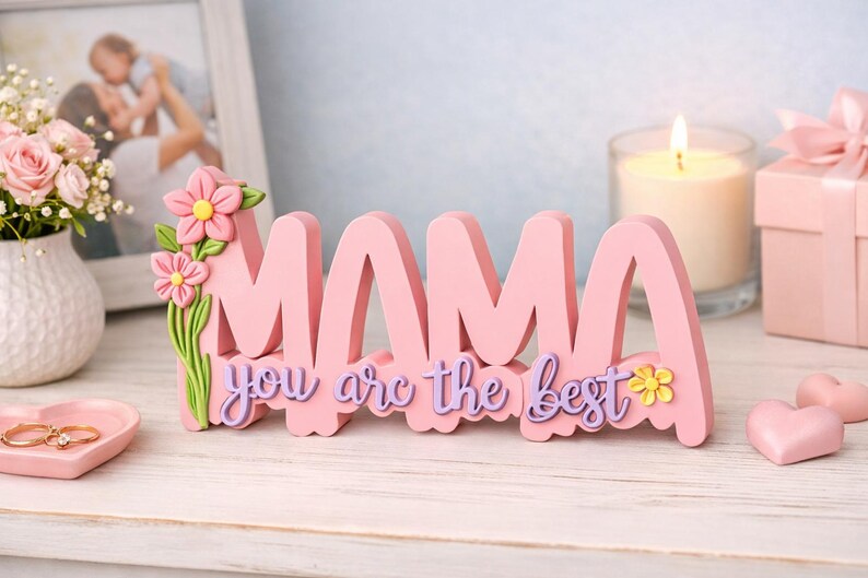 May include: A pink wooden sign that spells out "MAMA" with the phrase "you are the best" in purple script. The sign is decorated with pink flowers and green leaves. A framed photo, flowers, and a candle are in the background.