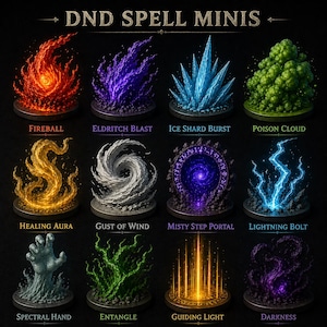 Pu&ograve; includere: Una collezione di DND Spell Minis, ognuna con un design e una combinazione di colori unici. Gli incantesimi includono Fireball, Eldritch Blast, Ice Shard Burst, Poison Cloud, Healing Aura, Gust of Wind, Misty Step Portal, Lightning Bolt, Spectral Hand, Entangle, Guiding Light e Darkness.
