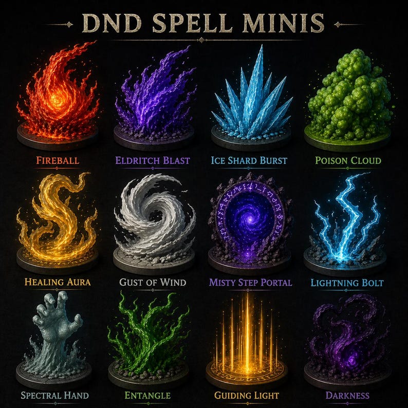 Pu&ograve; includere: Una collezione di DND Spell Minis, ognuna con un design e una combinazione di colori unici. Gli incantesimi includono Fireball, Eldritch Blast, Ice Shard Burst, Poison Cloud, Healing Aura, Gust of Wind, Misty Step Portal, Lightning Bolt, Spectral Hand, Entangle, Guiding Light e Darkness.