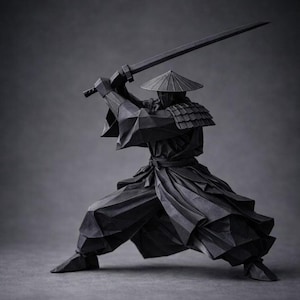 Puede incluir: Una escultura de papel negro de un guerrero en una postura de combate dinámica. La figura lleva un sombrero cónico de ala ancha y túnicas superpuestas con pliegues geométricos afilados. Sostiene una espada larga y recta sobre su cabeza.
