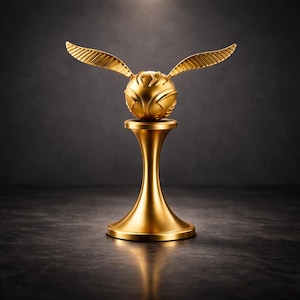 Peut inclure: Réplique dorée du Vif d'or, une sphère avec des ailes délicates, posée sur un piédestal assorti. Les ailes sont déployées et la sphère présente des détails complexes. L'ensemble est doré brillant, sur fond sombre.