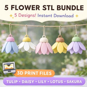 Puede incluir: Un paquete digital de 5 archivos STL de impresión 3D de flores con diseños de tulipán, margarita, lirio, loto y sakura. La imagen muestra cinco adornos florales colgantes en colores pastel azul, blanco, rosa, amarillo y morado, cada uno con un lazo.