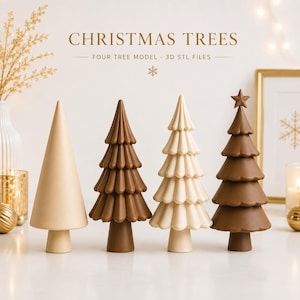 Peut inclure: Quatre modèles d'arbres de Noël décoratifs dans des tons crème et marron. L'ensemble comprend un arbre conique lisse, deux arbres à étages avec des branches festonnées et un arbre à étages surmonté d'une étoile. Texte : CHRISTMAS TREES.