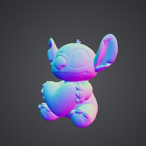 May include: A 3D-rendered figure of Stitch, the blue alien from Lilo & Stitch, holding a heart. The figure is rendered in shades of blue, purple, and pink, with a glossy finish. The character is smiling.