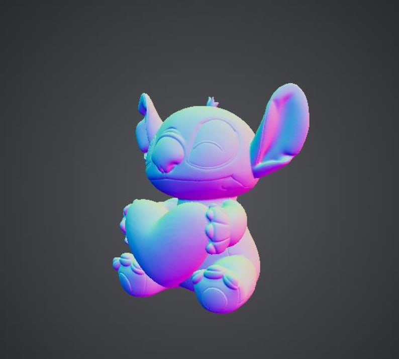 May include: A 3D-rendered figure of Stitch, the blue alien from Lilo & Stitch, holding a heart. The figure is rendered in shades of blue, purple, and pink, with a glossy finish. The character is smiling.