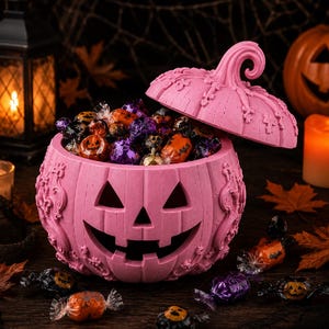 Puede incluir: Un cuenco para dulces en forma de calabaza de color rosa brillante con tapa a juego, que presenta intrincados detalles tallados y una cara clásica. El cuenco está lleno de dulces envueltos en papel de aluminio naranja, negro y morado.