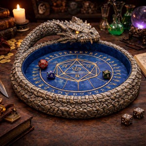 May include: A dragon-shaped dice rolling tray with a blue interior and gold geometric design. The tray is made of a stone-like material and features a dragon head at one end. Several dice are inside the tray, and the tray sits on a wooden surface.