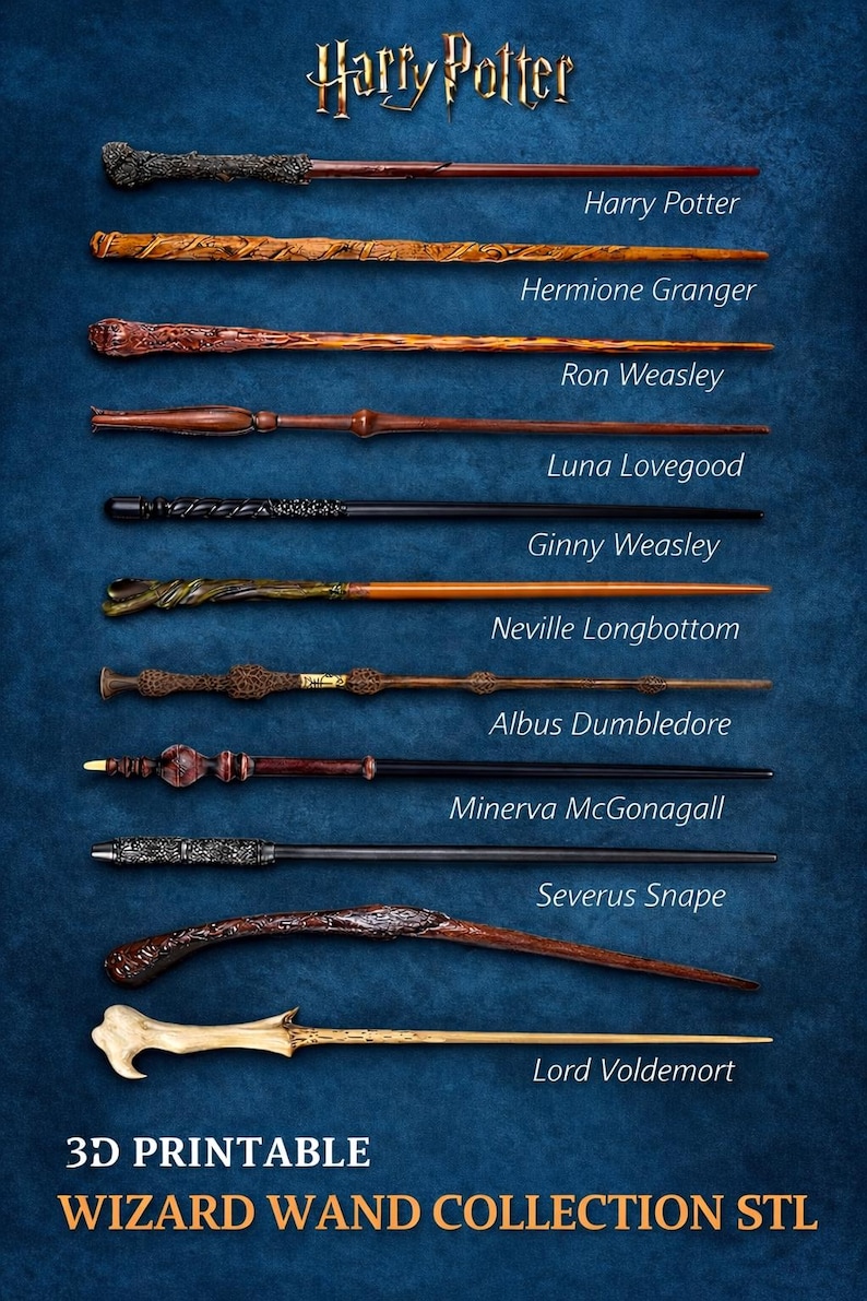 K&ouml;nnte beinhalten: Eine Sammlung von elf Zauberst&auml;ben, jeweils mit einzigartigem Design und Farbe, vor einem dunkelblauen Hintergrund. Die Zauberst&auml;be sind mit Namen wie Harry Potter, Hermine Granger und Lord Voldemort beschriftet. Der Text "3D Printable Wizard Wand Collection STL" befindet sich unten.