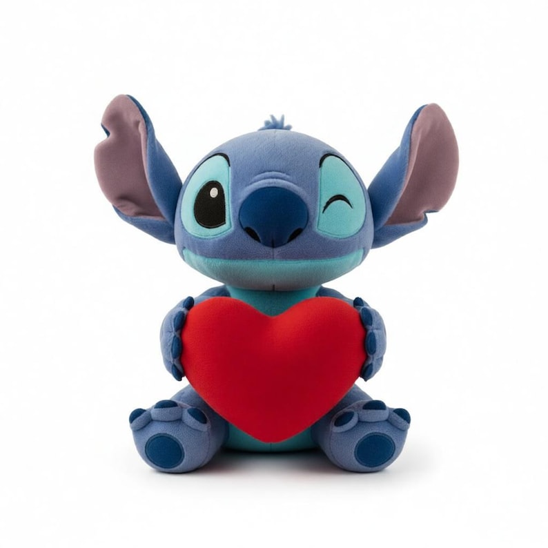 May include: A plush Stitch toy, in shades of blue, with large ears and a winking expression. The toy is holding a bright red heart. The overall design is a cute and friendly character.