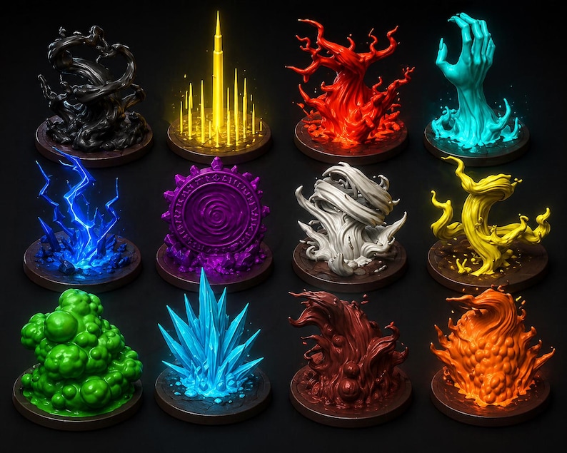Pu&ograve; includere: Una collezione di dodici sculture in miniatura a tema fantasy, ciascuna su una base circolare. Le sculture presentano vari colori e forme, tra cui una massa nera vorticosa, una guglia gialla, un albero rosso e una mano turchese.