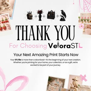 以下が含まれることがあります： VeloraSTLのデジタルサンキューカード。スカルペンホルダー、黒い花瓶、ゴシック調オーガナイザー、カラスの置物、人魚の像、サクランボのイヤリング、チューリップのプランター、猫型の毛糸ボウルなど、様々な3Dプリント製品が掲載されています。