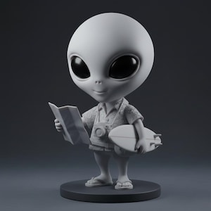 May include: A gray figurine of an alien tourist holding a map and a surfboard. The alien is wearing a Hawaiian shirt, shorts, and sandals, with a camera around its neck. The figurine is standing on a round base.