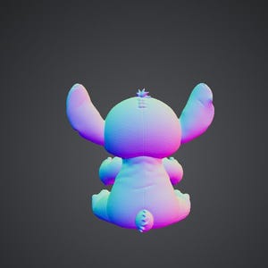 May include: A plush toy in the shape of a blue and pink alien character, with large ears and a small tail. The toy is sitting down, with its back facing the viewer. The toy has a small tuft of hair on its head.