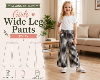 Patron de couture PDF pour pantalon large fille, pantalon palazzo enfant 2-13 ans, pantalon à taille élastique