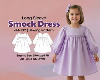 Robe smockée à manches longues pour petite fille, patrons de couture PDF pour jeunes filles de 6 à 10 ans