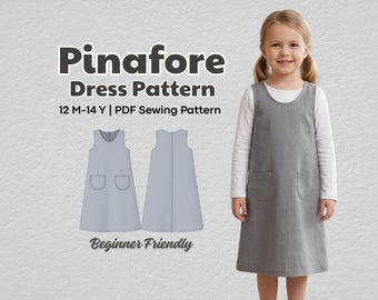 Patron de couture de robe chasuble PDF, robe facile pour fille avec poches, combinaison enfant 12 mois-14 ans