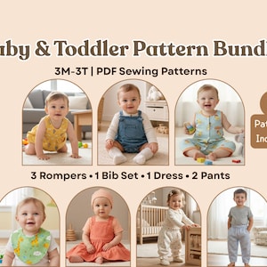 Puede incluir: Un paquete digital de 7 patrones de costura en PDF para bebés y niños pequeños en tallas 3M-3T, que incluye 3 peleles, 1 juego de baberos, 1 vestido y 2 pantalones. La imagen muestra niños con estas prendas y etiquetas de texto descriptivas.