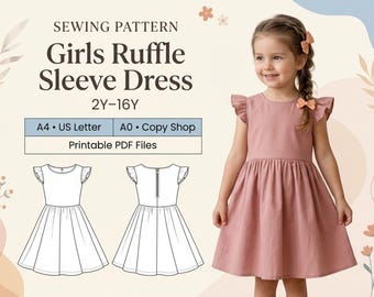 Patron de couture PDF pour robe fille, robe froncée à manches à volants pour enfants de 2 à 16 ans, robe d'été pour tout-petits