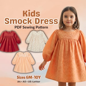 May include: A young girl wearing an orange smock dress with long, puffy sleeves. The dress has a subtle floral pattern. The image also shows three smock dress examples in red, white, and peach. Text on the image reads "Kids Smock Dress PDF Sewing Pattern" and "Sizes 6M-10Y".