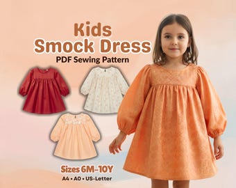 Patron de robe à smocks pour enfants, couture de robe d'été à manches bouffantes (téléchargement numérique)