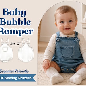 May include: A digital PDF sewing pattern for a baby bubble romper in sizes 3M-3T. The image displays the text Baby Bubble Romper, 3M-3T, Beginner Friendly, and PDF Sewing Pattern alongside a technical line drawing and a photo of a baby wearing the romper.