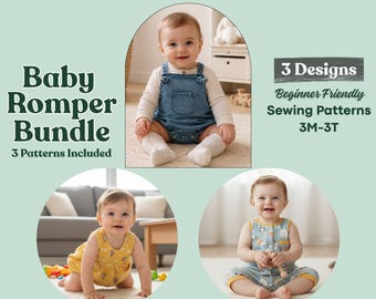 Patron de couture PDF pour barboteuse bébé, salopette unisexe pour tout-petit (tailles 3 mois à 3 ans), 3 modèles inclus