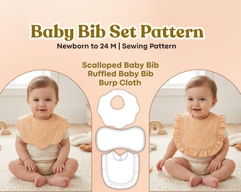 Baby Bib Sewing Pattern PDF, Ruffled Scalloped Bib Set with Burp Cloth 0-24M