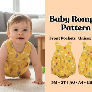 May include: A baby in a yellow romper with a hot air balloon design crawls on a carpet. The romper features front pockets and is a unisex outfit. The image text reads "Baby Romper Pattern".