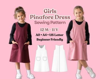 Patron de couture robe chasuble trapèze pour fille, poches, tailles 12 M-11 ans (PDF numérique)