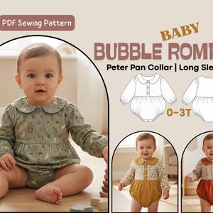 Puede incluir: Un patrón de costura en PDF para un pelele de bebé con cuello Peter Pan y mangas largas. El diseño presenta un corpiño con botones, cintura fruncida y aberturas elásticas en las piernas. Incluye ilustraciones para tallas 0-3T y fotos.