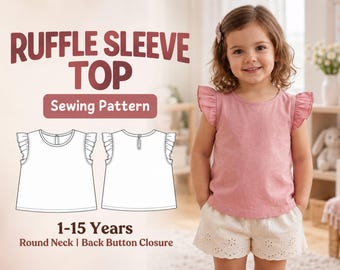 Patron de couture PDF pour haut à manches volantées fille, col rond, tailles 1 à 15 ans, blouse fille