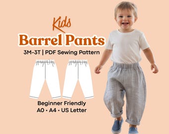 Unisex Kids Barrel Pants Sewing Pattern, Elastic Waist Wide Leg Trouser 3M-3T, Toddler Pants