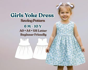 Patron de couture pour robe à empiècement fille, robe d'été style empire, tailles 6 mois à 10 ans, téléchargement PDF