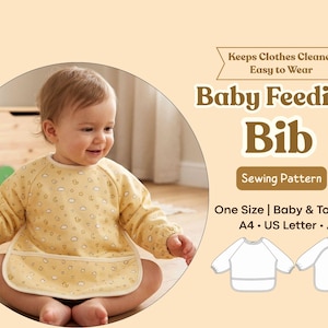 May include: A long-sleeve baby feeding bib sewing pattern featuring a yellow fabric with a white moon and star print. The text reads: Keeps Clothes Cleaner, Easy to Wear, Baby Feeding Bib, Sewing Pattern, One Size, Baby & Toddler, A4, US Letter, A0.