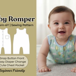 May include: A baby wearing a light green romper with a hot air balloon pattern and blue trim. The image also shows a sewing pattern for a baby romper, with text that reads "Baby Romper Newborn-6Y | Sewing Pattern".