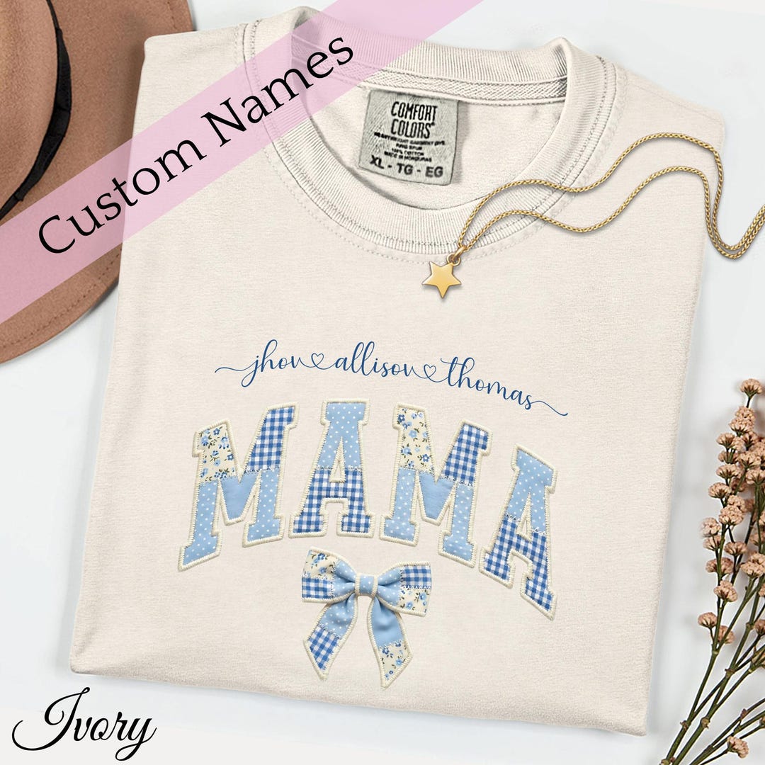 Mama Color:blue Custom Mama Shirt With Kids Names, Comfort Colors® Bow Graphic Tee ...