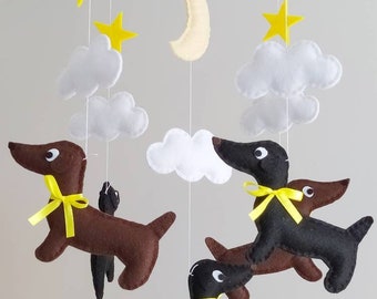 Dachshund, Moon and Stars Baby Mobile - Wooden Hoop - Nursery decoration - Baby Shower