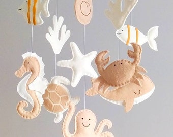 Beige and Ivory Colors Under the Sea Baby Mobile - Ocean Baby Mobile - Nautical Wooden Hoop Baby Mobile