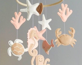 Beige, Ivory and Peach Colors Under the Sea Baby Mobile - Ocean Baby Mobile - Nautical Wooden Hoop Baby Mobile