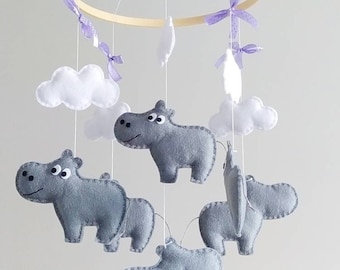 Hippo Baby Mobile - Wooden Hoop Baby Mobile