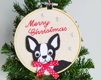 Boston Terrier Christmas pendant - Christmas Ornament - Christmas Decoration - Embroidery pendant - Bamboo Wooden Hoop