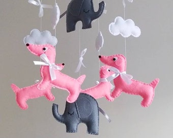 Dachshunds and Elephants Baby Mobile - Wooden Hoop Baby Mobile