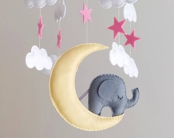 Elephant and Moon Baby Mobile - Elephant Baby Mobile - Wooden Hoop Baby Mobile