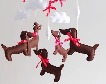 Dachshund Baby Mobile - Wooden Hoop - Nursery decoration - Baby Shower