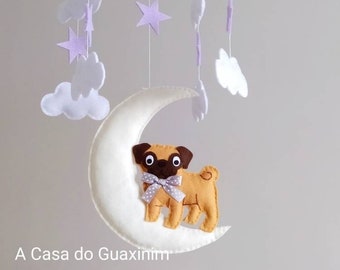 Móvil Bebé Pug y Luna - Móvil Bebé Aro de Madera