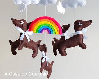 Dachshunds and Rainbow Baby Mobile - Wooden Hoop - Rainbow Mobile