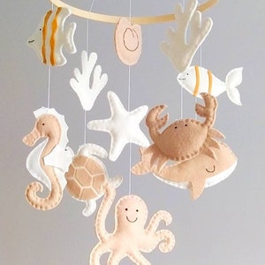 Beige and Ivory Colors Under the Sea Baby Mobile - Ocean Baby Mobile - Nautical Wooden Hoop Baby Mobile