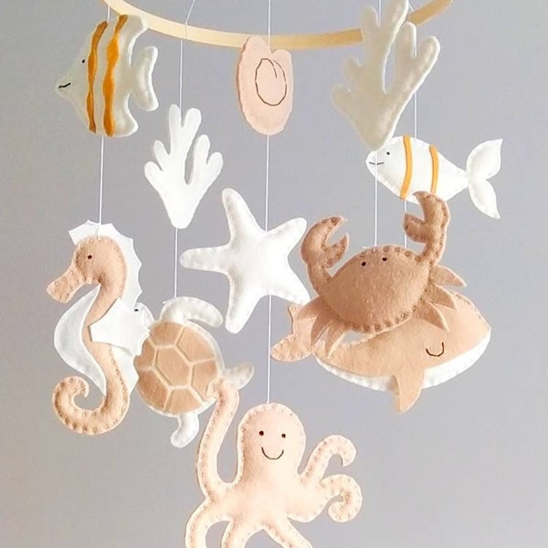 Beige and Ivory Colors Under the Sea Baby Mobile - Ocean Baby Mobile - Nautical Wooden Hoop Baby Mobile
